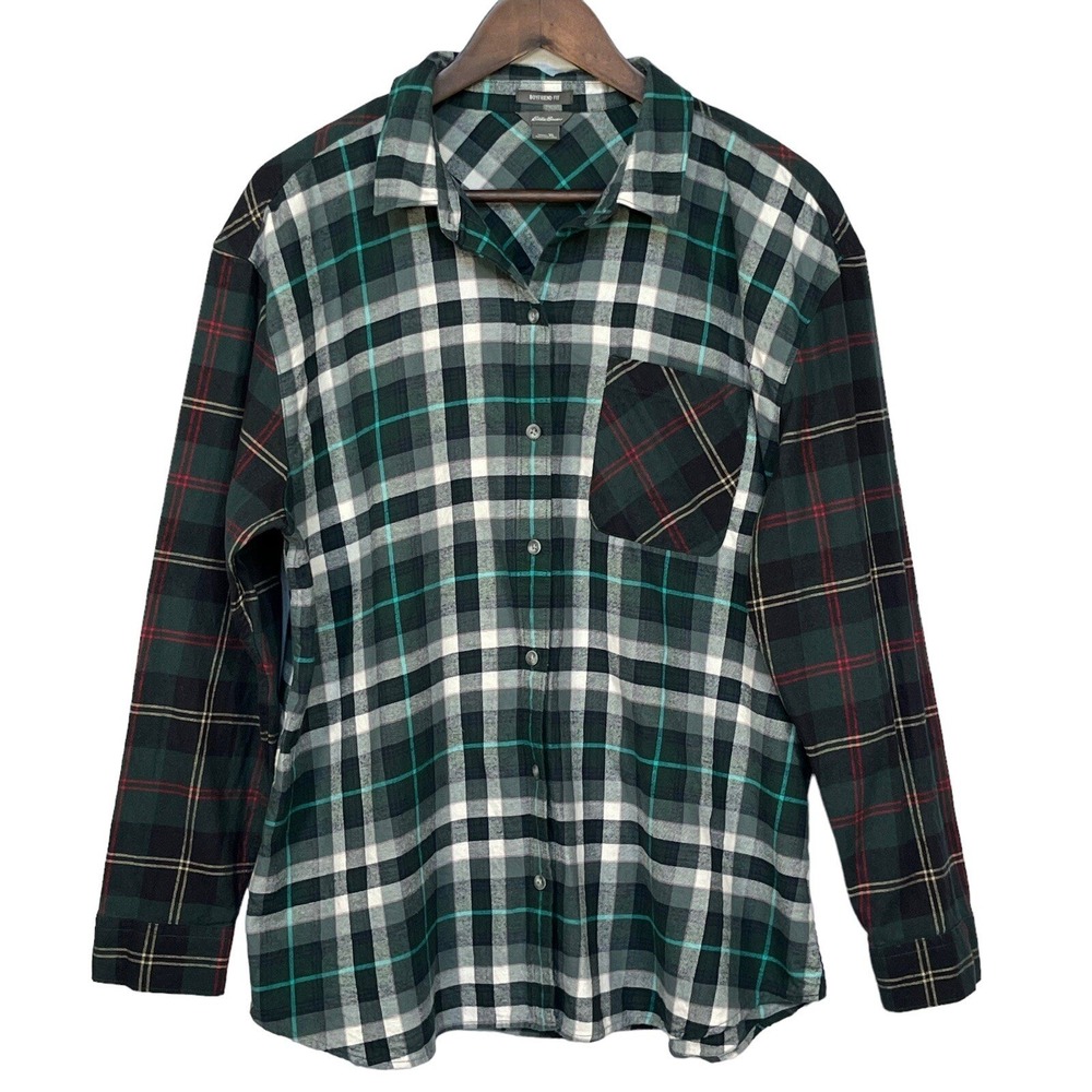 Eddie Bauer Womens XL Boyfriend Fit Mixed Plaid Flannel Button Down Shirt Green